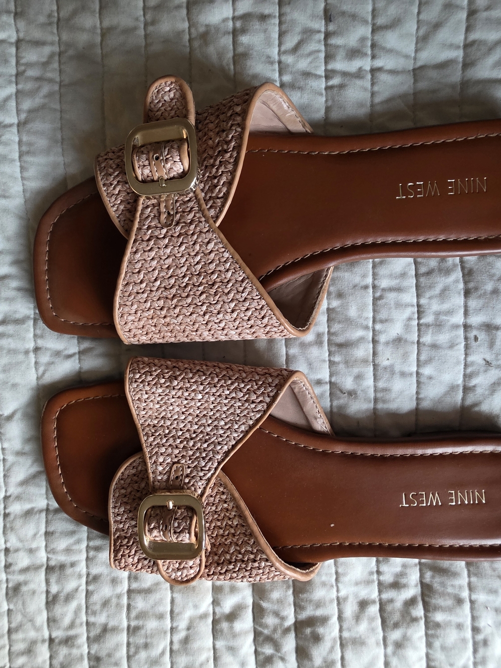 Nine West Tan Pink Woven Slide Sandals with Gold Buckle